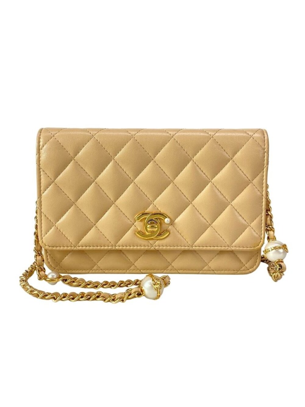 Chanel Wallet Quilted Beige Chain Faux Pearl Gold Shoulder Bag
